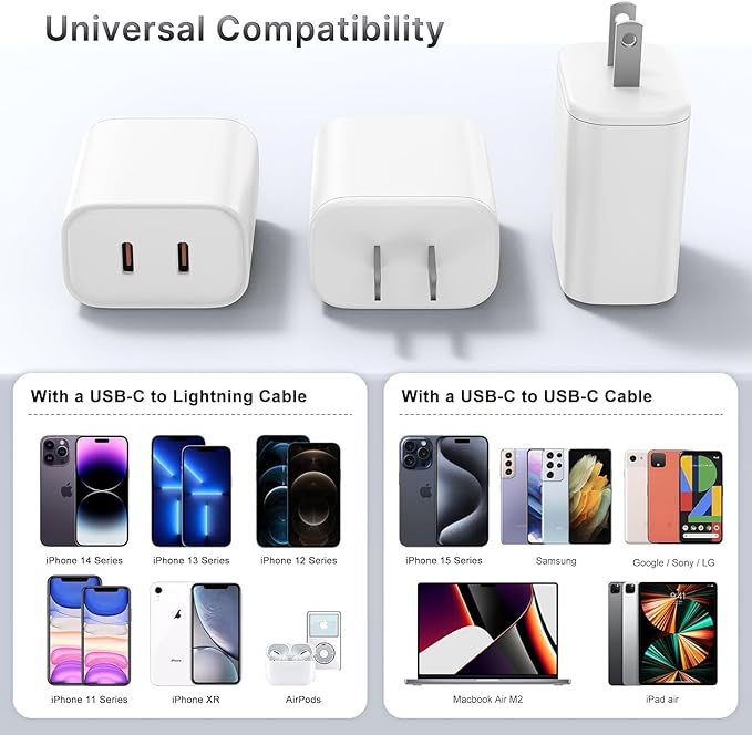 Susnwere 40W Dual USB C Charger Block, 2-Port 40W Fast USB-C Power Adapter Wall Charger Plug Type C Charging Block for Laptop Computer & Tablets/Phones iPhone 15/14/13/12/11/X, iPad