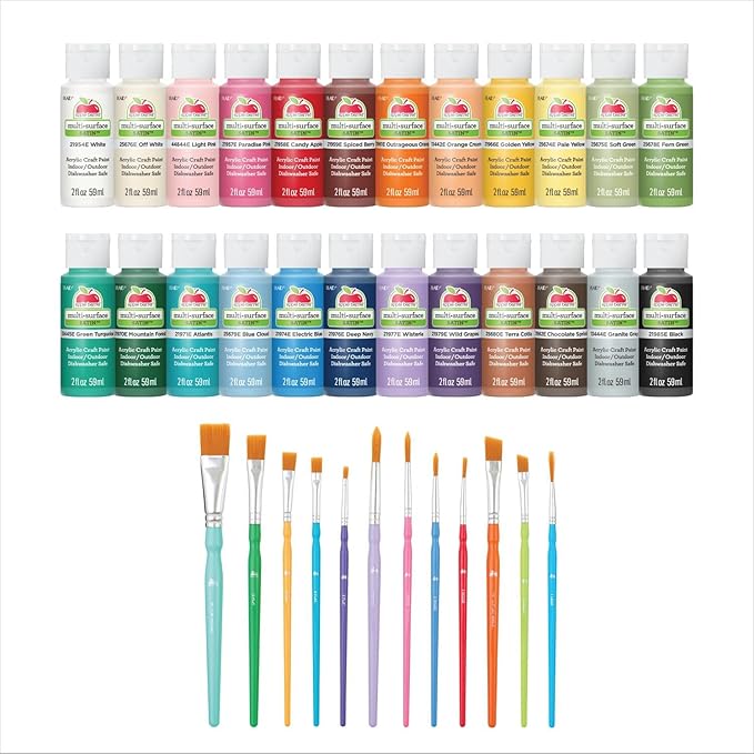 Apple Barrel Multi-Surface Acrylic Craft Paint and Brush Kit, Set of 36