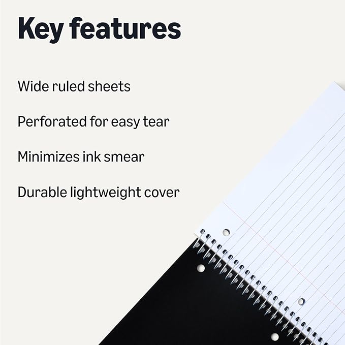 Amazon Basics Wide College Ruled 3-Subject Notebook, 150 Sheets, 8.5" x 10.5", Black, 2-Pack
