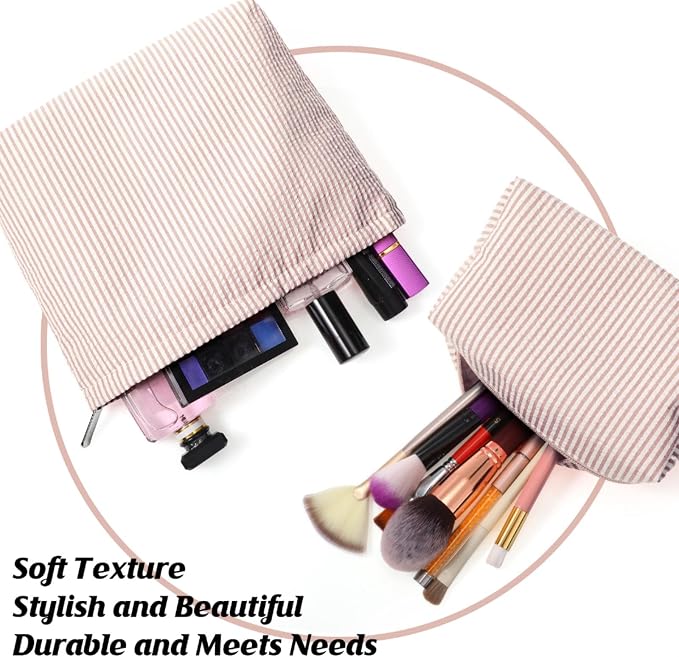 Huhumy 2 Pcs Makeup Bag Set for Women, Khaki, Thin Striped Seersucker | Cute Cosmetic Pouch Women Travel Toiletry Bag Preppy Small Makeup Purse Pouch Aesthetic Skincare Brushes Storage Organizer