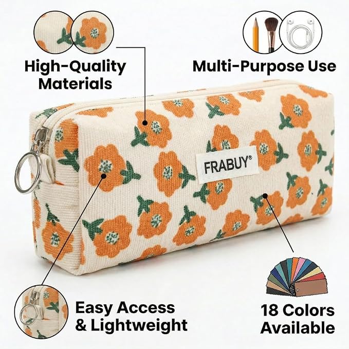 Soft Corduroy Pencil Case Pen Pouch Organizer, Small Stationery Bag | Cute beige plum blossoms pencil pouch, smooth zipper, daily cosmetics holder, compact organizer for school teen girls, women
