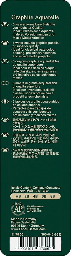 Faber-Castell 5 Piece Quality Water-Soluble Graphite Aquarelle Pencils in a Tin, Including HB, 2B, 4B, 6B and 8B, Grey