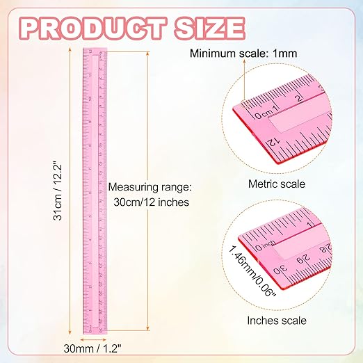 HARFINGTON 20pcs Plastic Rulers 12" (30cm) Clear Straight Ruler Measuring Tool Inches and Centimeters for Home Office Classrooms Drafting, Clear Pink