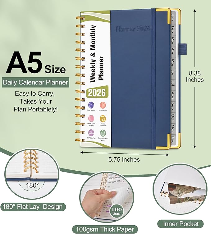 2026 Planner, Hardcover Leather Weekly and Monthly Planner, January 2026 - December 2026, Spiral Yearly Agenda Organizer Book 2026 with Tabs, Daily Calendar Planners for School Work Home, A5 (5.75" x 8.38"), Navy