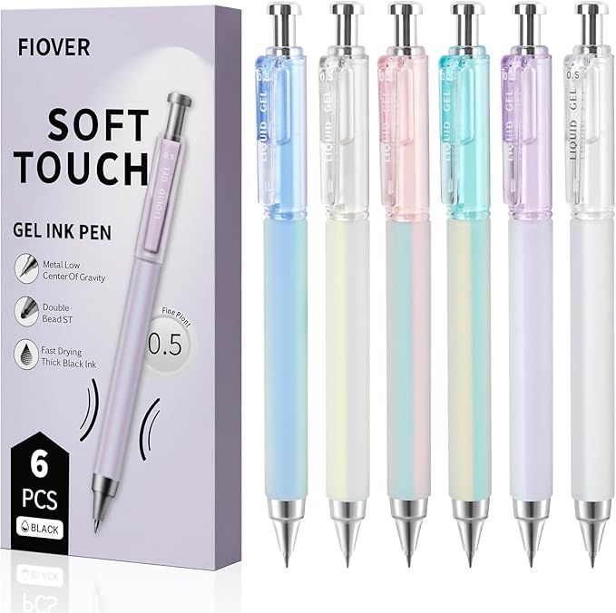 FIOVER Gel Pens, 6 Pcs 0.5mm Quick Dry Black Ink Pens, Fine Point Smooth Writing Pens, Retractable with Silicone Grip, High-End Cute Aesthetic Office School Supplies, Gifts for Women Men (6pcs black)