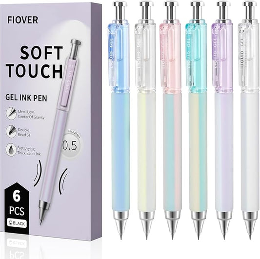 FIOVER Gel Pens, 6 Pcs 0.5mm Quick Dry Black Ink Pens, Fine Point Smooth Writing Pens, Retractable with Silicone Grip, High-End Cute Aesthetic Office School Supplies, Gifts for Women Men (6pcs black)