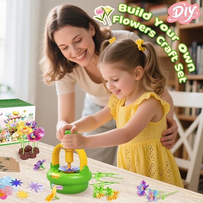 Flower Bouquet Making Kit for Kids Ages 4-8—DIY Arts and Crafts Toy, Build Your Own Flower Arrangement, Flower Press Craft Kit, Handmade Bouquet Birthday Gift for 3 4 5 6 7 8 9 Year Old Girls-[Green]