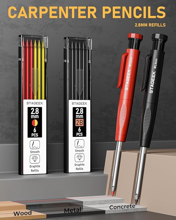 STAGEEK 17 Pack Carpenter Pencil Set with Sharpener | Construction Pencil Set with Deep Hole Long-Nib Markers , Woodworking Tool & Carpenter Pencils for Architect, DIY with Case