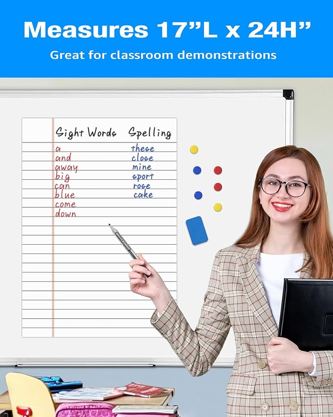 Magnetic Notebook Paper for Classroom: 17"x24" Dry Erase Handwriting Lined Poster for Whiteboard - Write and Wipe Giant Writing Lines White Board Accessories with Markers, Magnets, Eraser