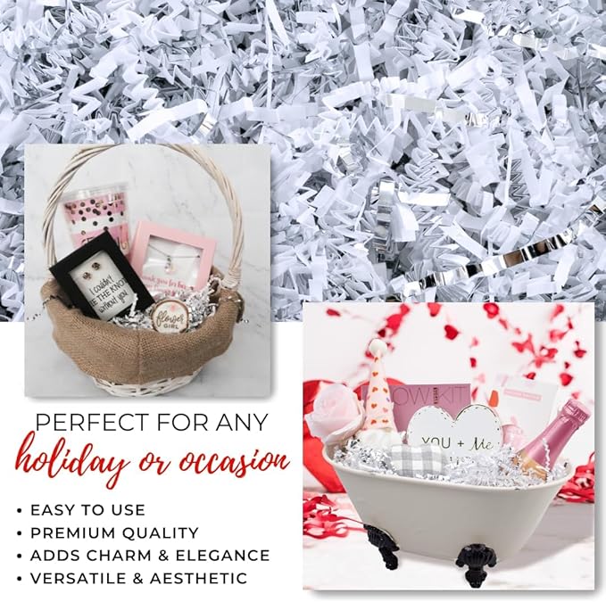 MagicWater Supply - 1LB - White & Silver - Crinkle Cut Paper Shred Filler great for Gift Wrapping, Basket Filling, Birthdays, Weddings, Anniversaries