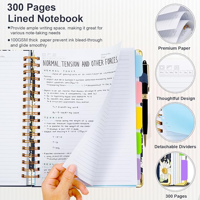 Spiral Journal Notebooks for Work, 300 Pages 5 Subject Notebook College Ruled with Dividers & Tabs, A5 Notebook Journal for Women Students Note-Taking and Organizer (White Daisy)
