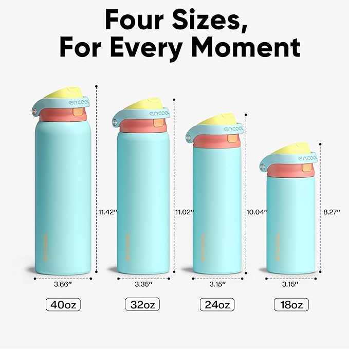 ENCOOL Leakproof Insulated Water Bottle with Straw Dual-Sip Water Bottle Bag-Safe Design for Work, Commute & Gym – Keeps Drinks Cold All Day, 18 oz, Orange-Reef Blue