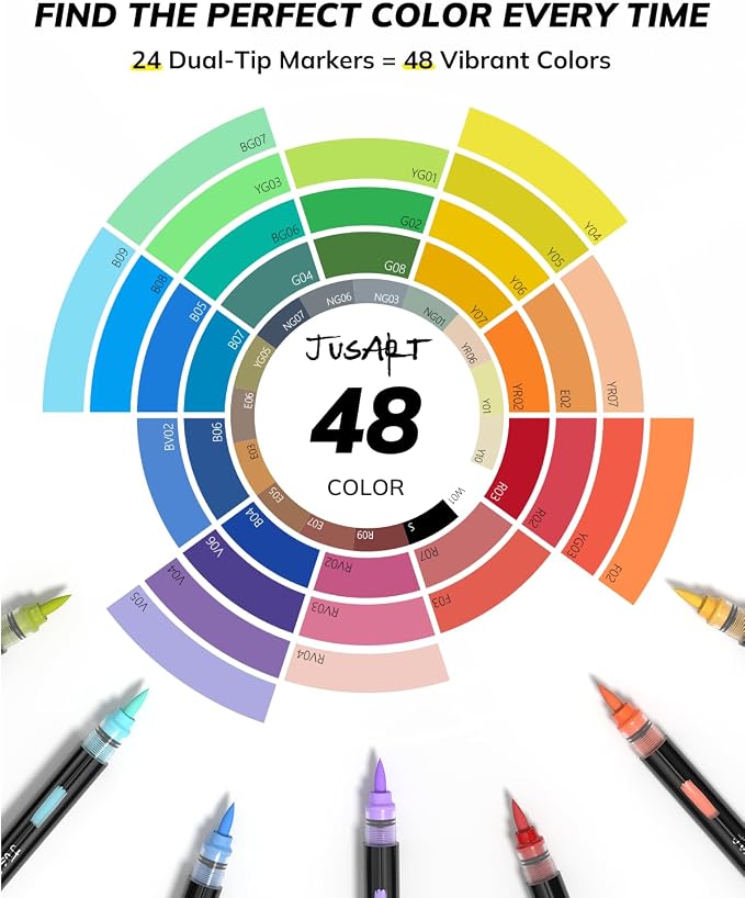 JusArt Acrylic Paint Markers 48 Colors, 24 Dual-Tip Brush Markers, No Bleed