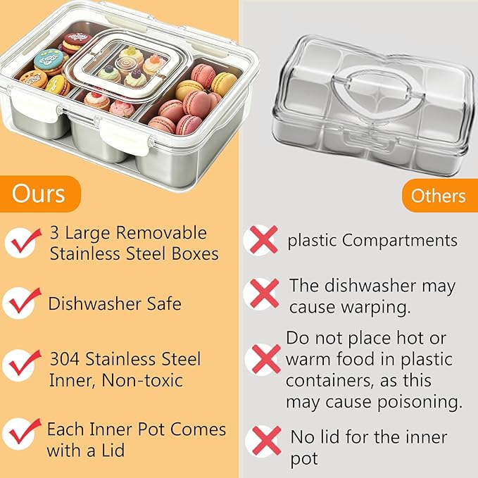 Snackle Box Container, Stainless Steel Snack Box with 3 Large Compartments, Dishwasher Safety Snack Tray with Lid and Handle, Divided Serving Tray for Travel, Picnic, Beach, Pool and Parties