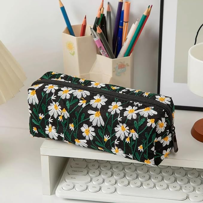 Carry bloom Pencil Pouch Cute Pencil Case for Girls Aesthetic Pencil Bag with Zipper Pen Cases School Supplies Makeup Bag (5 floral daisy)