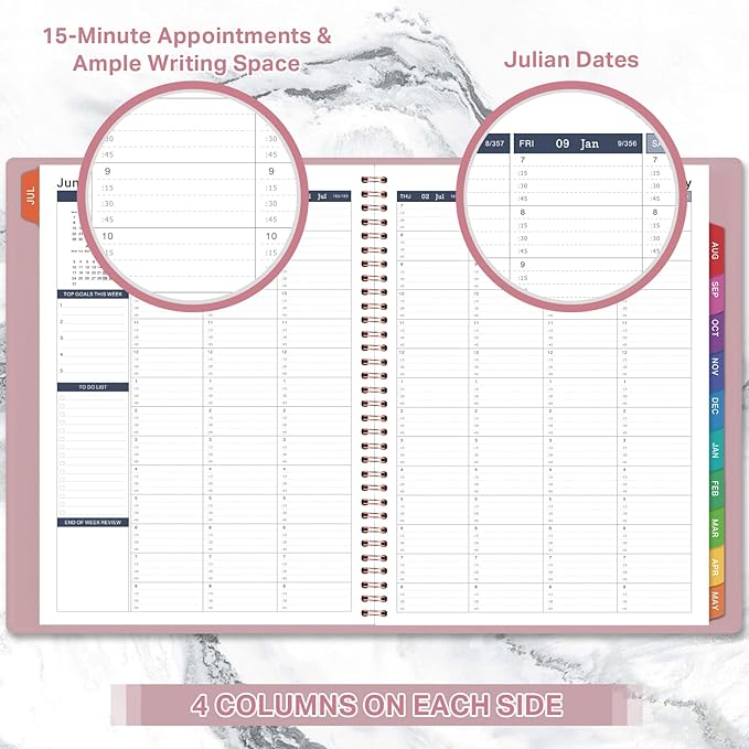 MaaIbok Appointment Book 2026-2027 for School, Office, Home Faux Leather Tab, 15-Minute, Spiral Bound Hourly Planner Appointment Scheduling Book with Tabs - Rose Gold 8.5" x 11"