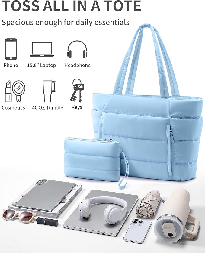 Bagstellar Puffer Tote Bag for Women, Lightweight Puffy Work Handbag Teacher Nurse Quilted Shoulder Bag for School Travel Gym | Cloud Bag w/ Zipper
