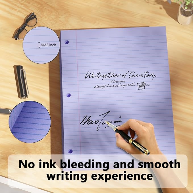 Purple Loose Leaf Paper 100 Sheets Colored Filler Paper 8 * 10.5 College Ruled Paper 3-Hole Punched Paper for 3-Ring Binders Notebook Lined 8" x 10.5"