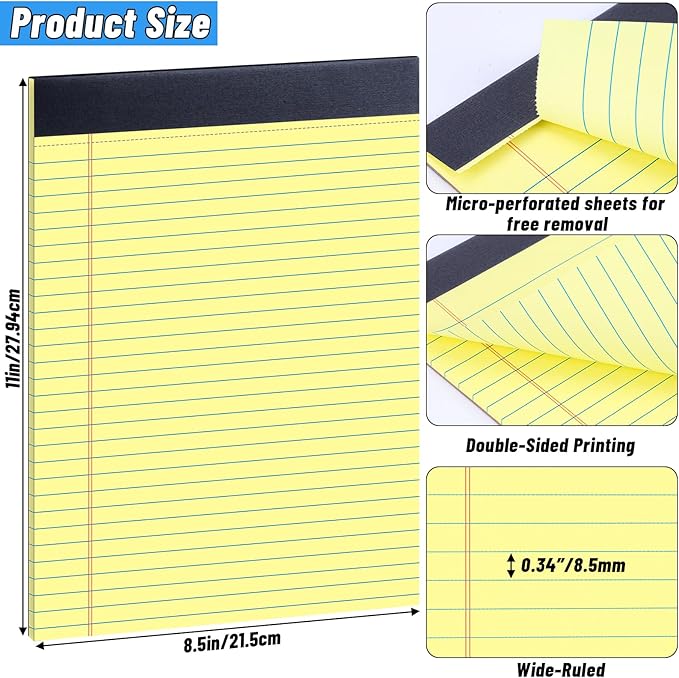 48 Pack Yellow Legal Pads Bulk 8.5 x 11 Wide Ruled, Perforated Writing Pad 30 Sheets, Bulk Notepad with Thick Paper, 8-1/2 x 11 Note Pads Yellow, Lined Paper Notebooks for Office School Home Supplies