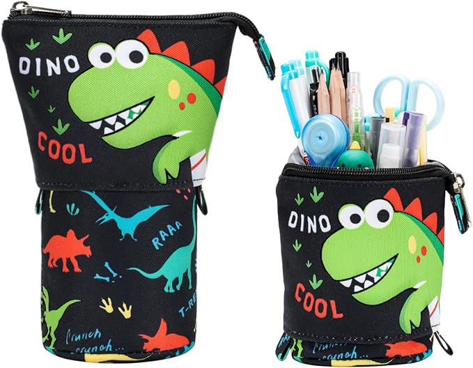 Standing Pencil Case for Boys - Telescopic Kawaii Pencil Pouch for Kids, Big Capacity Stand Up Stationery Pouch for School Students, Black Dinosaur