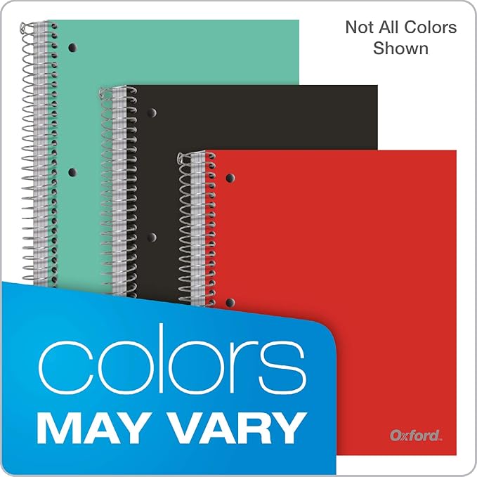 Oxford 1-Subject Poly Notebook, 8.5 x 11 inches, 3-Hole Punch, College Rule, 100 Sheets Per Journal, Durable Poly Storage Pocket, Colors May Vary (10590) (Pack of 12)