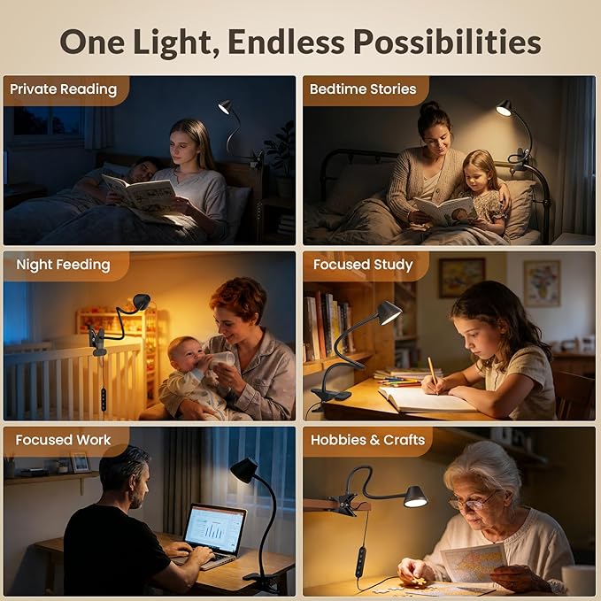 LEPOWER Clip on Light, 7W Reading Lights for Books in Bed with 5 Colors & Stepless Dimming, RG0 Eye-Care, Amber Glow Light & Auto Timer, Strong Clamp with Adapter for Headboard, Bedside, Desk, Black