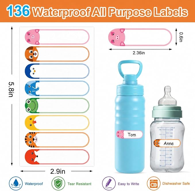 Self Laminating Name Labels, Waterproof Name Stickers for Kids | Dishwasher Safe Labels for Daycare and School, Kids Toddler Stuff, Baby Bottles, Water Bottles and Food Containers, 136 Pack