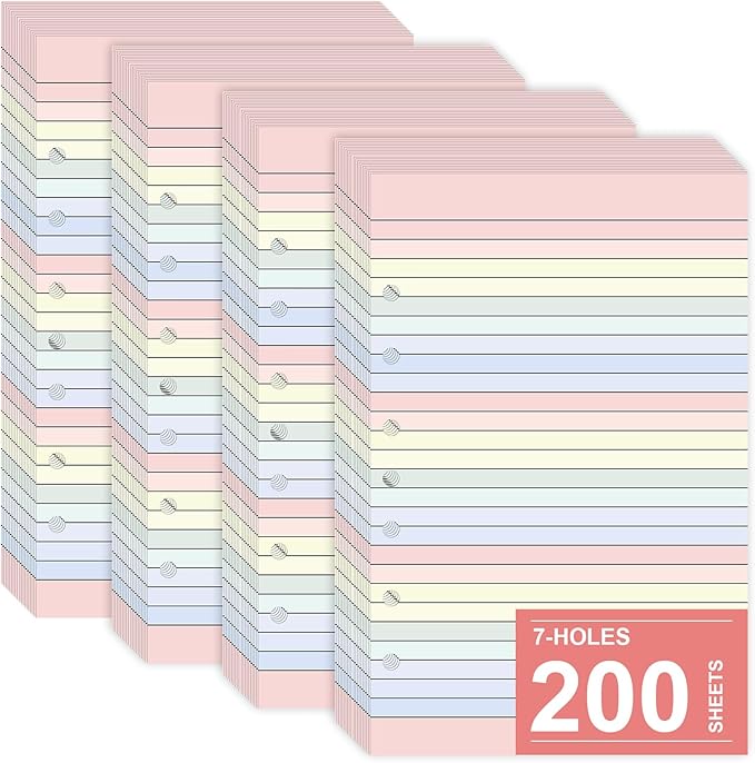 200 Sheets Colored Loose Leaf Papers 5.5 x 8.5 paper 7-Hole Lined Filler Paper College Ruled Notebook Refill Pad Pastel Colored Lined Refills Hole Punched Notebook Refills for 3 or 7 Ring Binders