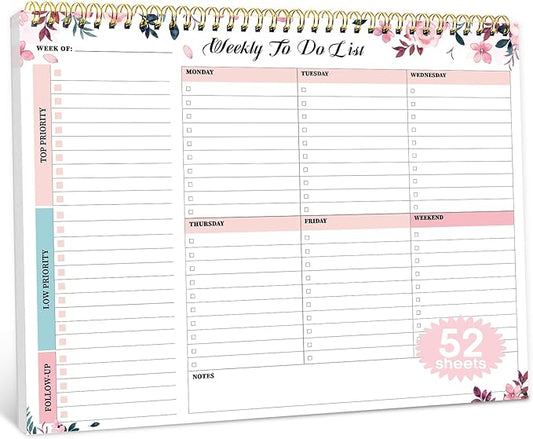 Taja Weekly To Do List Notepad with 52 Undated Sheets（8.5"×11"）- Weekly Desk Planner for Women & Man, Work and Home - 1 Pack Whispering Petal