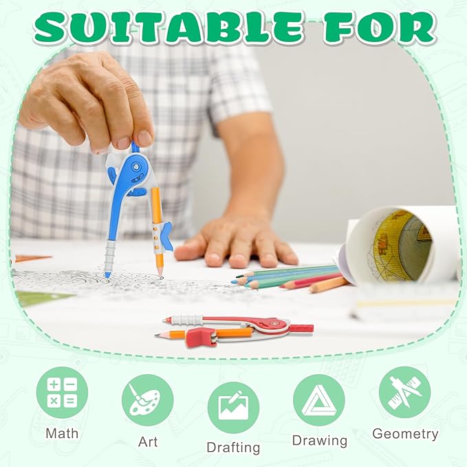 64 PCS Math Compass Geometry Math Set 6 Inch Plastic Drawing Compass with Pencils for Math Student Classroom School Office Woodworking Art Drawing
