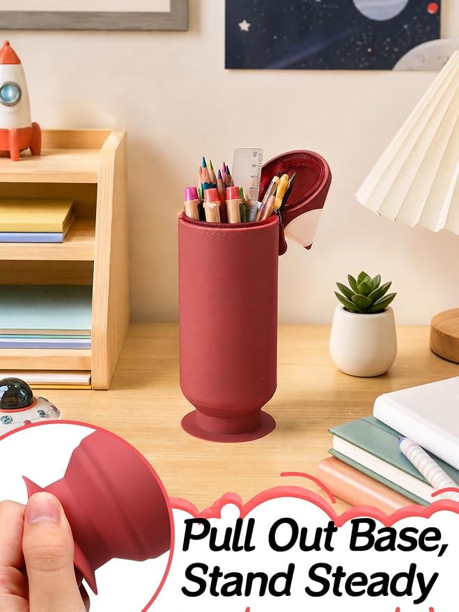 PAMASE Standing 2-in-1 Pencil Case & Pen Holder for Girls Boys, Red | Cute Soft Silicone Pencil Pouch Bag, with Zipper and Pull-Out Base, for Kids School Supplies