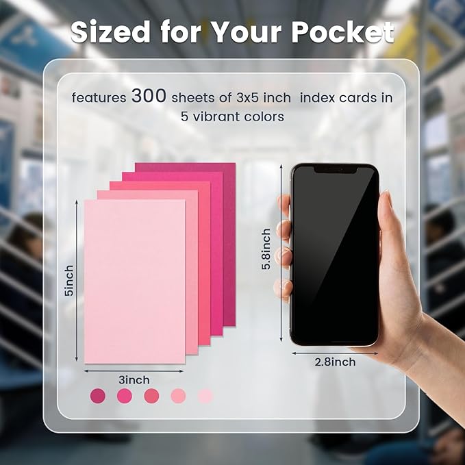 300 Count Index Cards 3 x 5 Inch, Pink Flash Cards for Studying, Cute Notecards for Home, Office, Recipe, School, College Supplies, To Do List, 5 Pink Colors