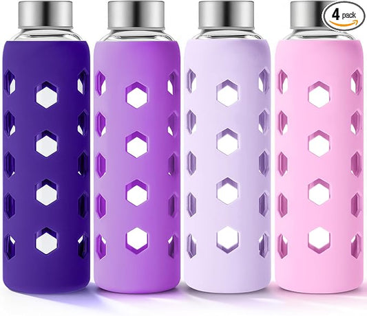 Mrsdry 18 oz Glass Water Bottles with Lids & Silicone Sleeves, 4-Pack | BPA Free, Leak-Proof Reusable Glass Drinking Bottles with Stainless Steel Airtight Cap for Juicing, Dishwasher Safe, Non-Slip
