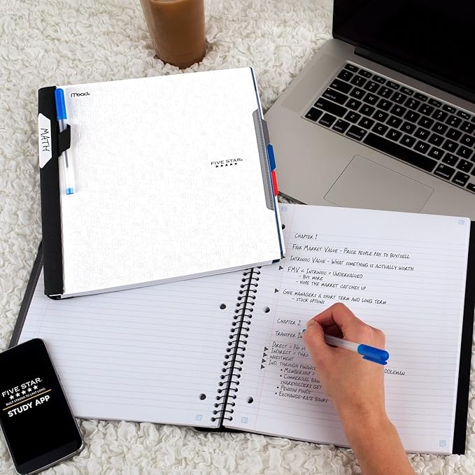 Five Star Advance Spiral Notebook + Study App, 3 Subject, College Ruled Paper, 8-1/2" x 11", 150 Sheets, Spiral Guard, Movable Tabbed Dividers, White (73142)
