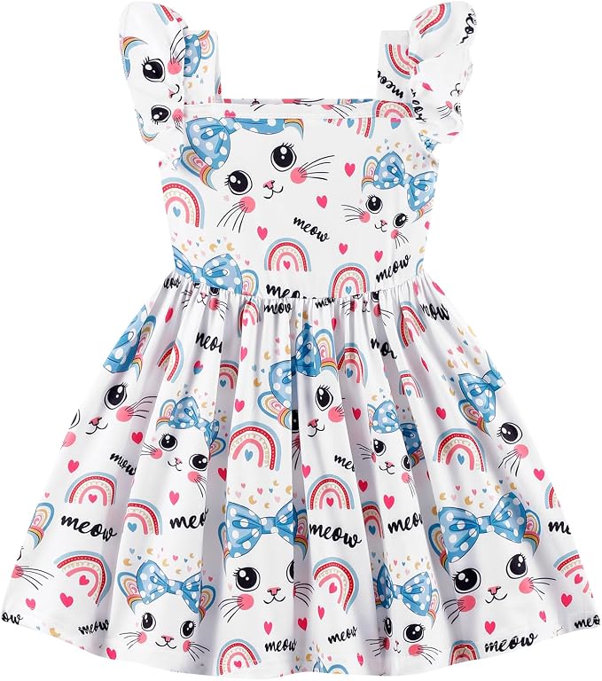 Popshion Girls Dresses Flutter Sleeve Swing Sundress Toddler Summer Clothes Kid Birthday Party Sleeveless Dress 1-8 Years Old