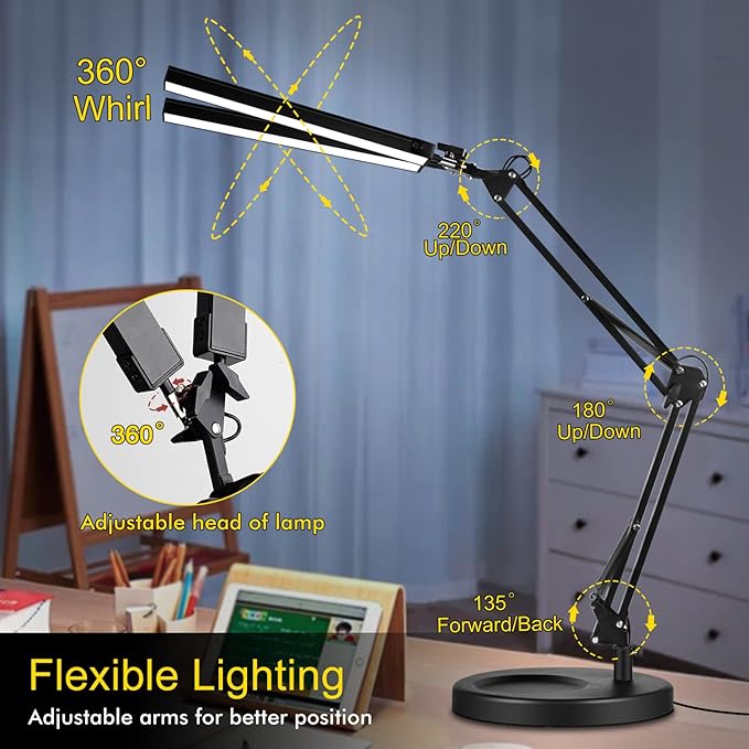 2-in-1 LED Double Head Desk Lamps for Home Office,24W Brightest Workbench Light,Eye-care Architect Desk Lamp with Clamp Base,3 Colors 10 Dimming Swing Arm Computer Desktop Light for Reading/Study