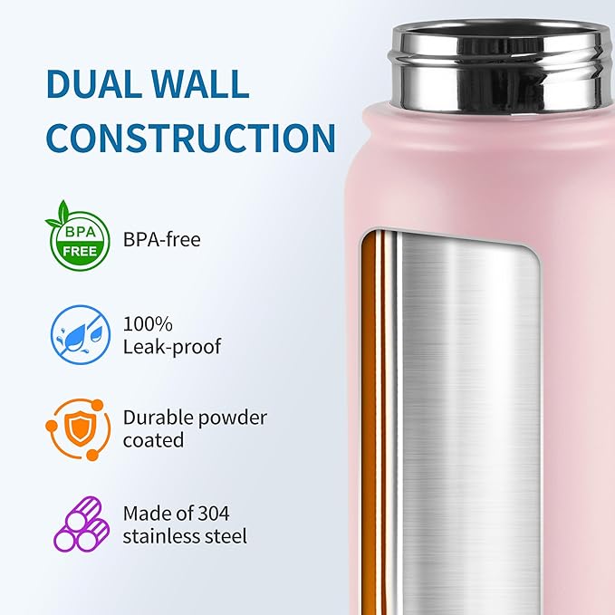 GOPPUS Insulated Water Bottle 20oz Stainless Steel BPA-Free Sports Bottle Ideal for School and Travel Silicone Spout Lid Prevents Leaks, Sweat, and Dust (Pink)