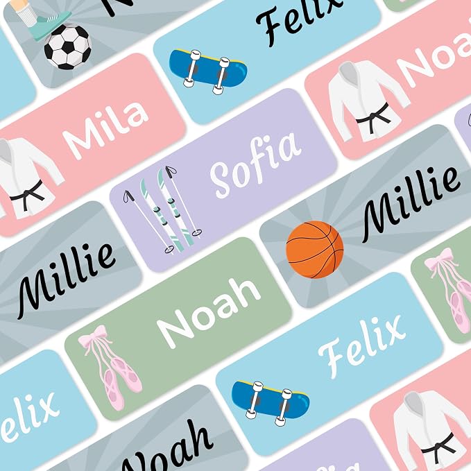 Personalized Name Labels for Kids (140), Custom Daycare Labels - Waterproof Name Stickers for Clothing, Bottles and Other School Supplies (1.2” x 0.5”) - Sports