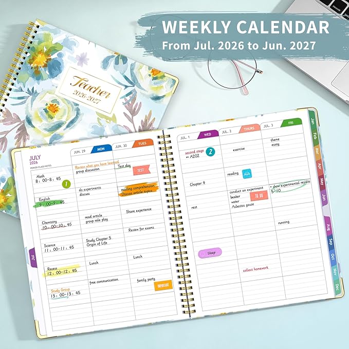 Teacher Planner 2026-2027, July 2026 to June 2027 Academic Year, 8.5" x 11" Lesson Planner Book for Teachers with Colorful Tabs, Teacher Calendar for Classroom or Homeschool, Hardcover, Blue