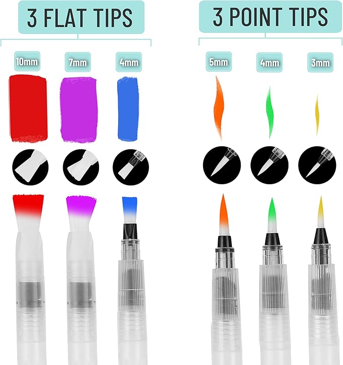 Mr. Pen- Watercolor Brush Pens, 6 pcs, 3 x Point Tips and 3 x Flat Tips Styles, Nylon Bristles, Refillable Watercolor Pens for Acrylic, Gouache, Crayons, Ideal for Artists, Drawing, Sketching