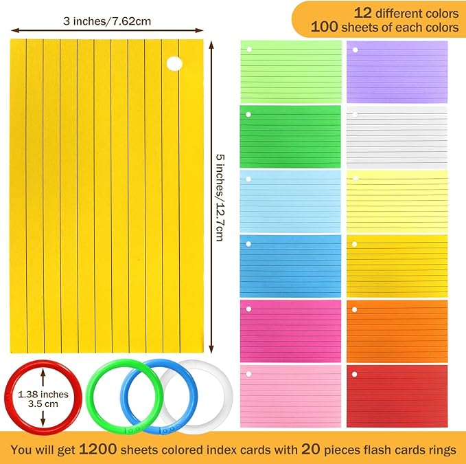 Tecmisse 1200 PCS Colorful Index Cards with Rings, Colored Flash Cards with Rings, 3 x 5 Inch Ruled Note Cards Flashcards Study Cards Notecards for Learning and office Supplies, 12 Colors