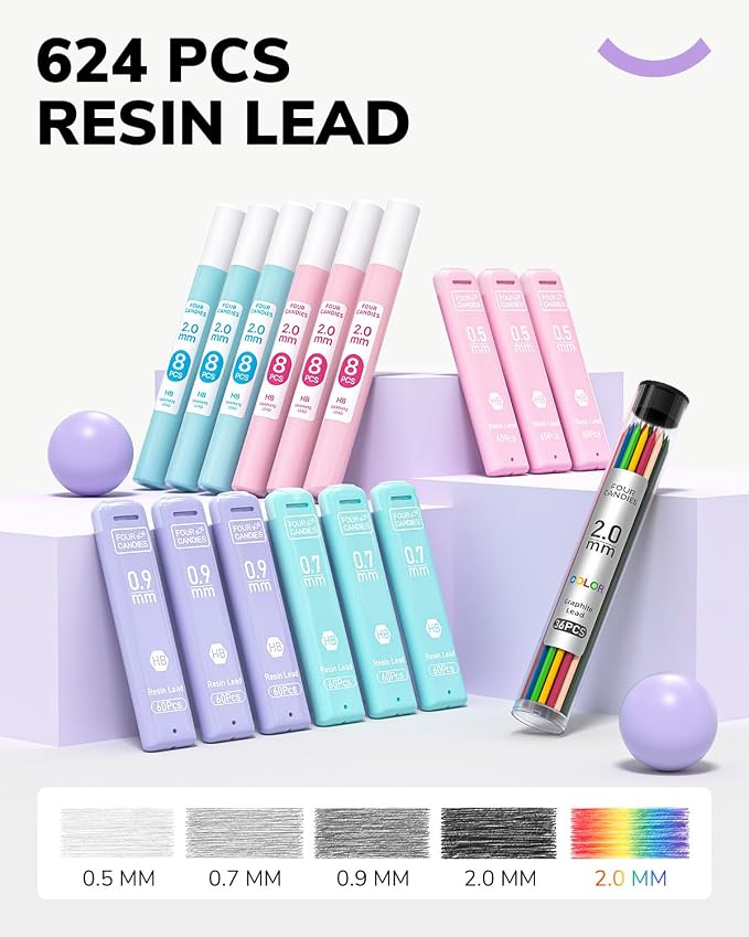 Four Candies 36PCS Mechanical Pencil Set with 624 Refills (Light Purple) | 0.5mm, 0.7mm, 0.9mm & 2.0mm Mechanical Pencils, Aesthetic School Supplies for Writing, Drawing, Drafting and Note-Taking