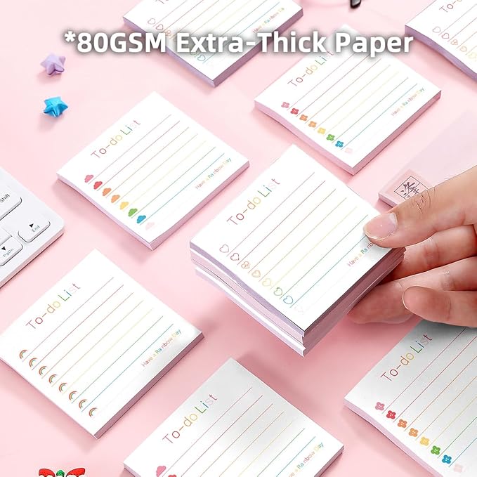 Cute Rainbow Heart 4 Pads/200 Sheets 3x3 Sticky Notes Set, Adorable Cartoon Memo Pads with High-Adhesive, Post Reusable Tearable it Notes for Journal Planners Office School Home, Bulk Stationery Gift