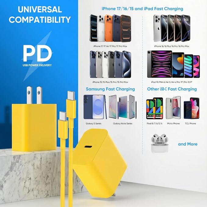 iPhone 17 16 15 Charger Fast Charging 6FT+10FT Cable, 20W USB C Charger, USBC Wall Charger for i Phone 17 Air 16 16e/16 Pro/16 Pro Max/15/15 Plus/15 Pro/15 Pro Max,i Phone iPad Pro/Mini (Yellow)