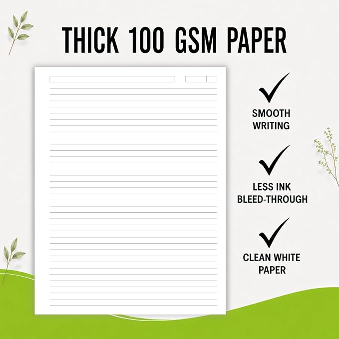 Unpunched College Ruled Loose Leaf Paper, 100 Sheets, Letter Size 8.5 x 11 Inch, 100 GSM White Lined Sheets with Subject & Date Boxes