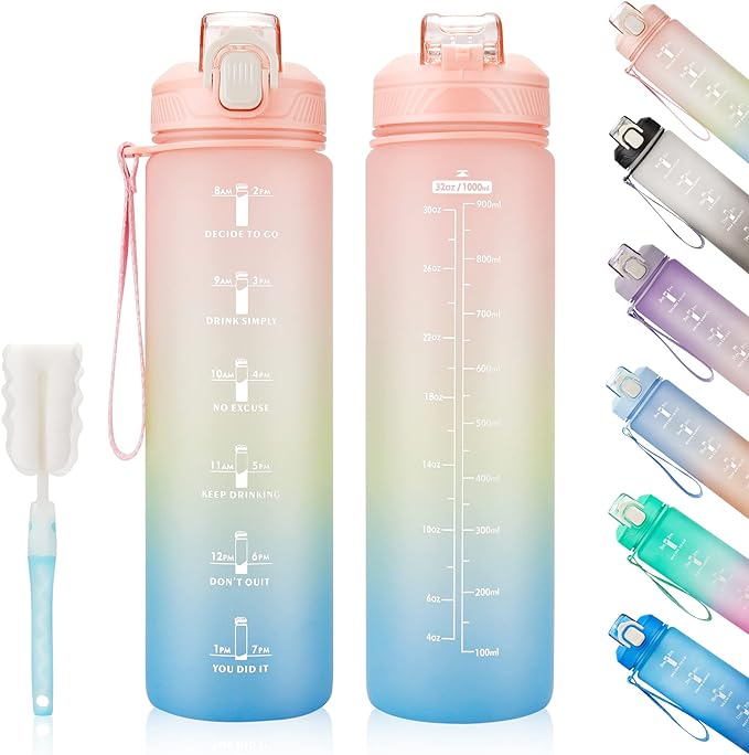 YC Kitchen Motivational Water Bottle with Time Marker- 32oz Water Bottles with Times to Drink, Leakproof & BPA Free Sports Water Bottle with Straw & Carry Strap for Fitness, Gym, and Outdoor Sports