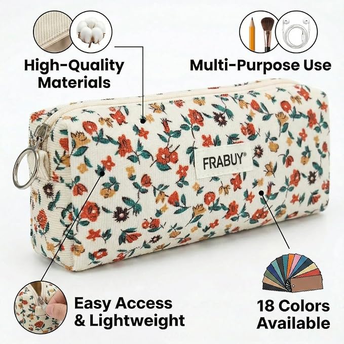 Soft Corduroy Pencil Case Pen Pouch Organizer, Small Stationery Bag | Off-white small floralpencil pouch, smooth zipper, daily cosmetics holder, compact organizer for school teen girls, women