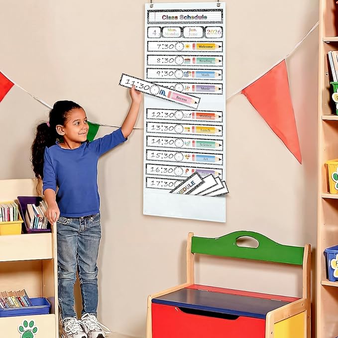 Daily Schedule Pocket Chart, 13+1 Pocket, with 77 Pcs Reusable Dry Eraser Cards Calendar Schedule Chart for Toddler Classroom Office Home Preschool Activity