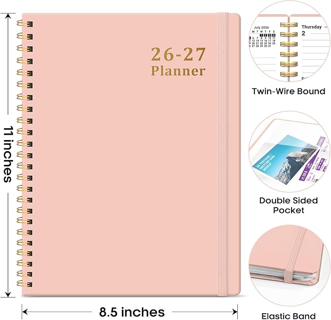Planner 2026-2027, 8.5" x 11" Weekly and Monthly Academic Year Planner Calendar, July 2026 - June 2027, Hardcover Large School Planning Agenda With Tabs, Perfect for School & Office Supplies, A4, Pink
