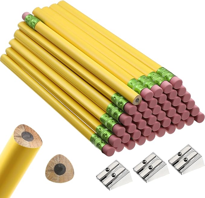 Fainne 48 Pcs Fat Pencils Jumbo Big Thick Large Pencils and 3 Pieces Sharpeners for Kids Beginners Preschoolers Kindergarten School Office Supplies(Yellow+Green,Triangle)